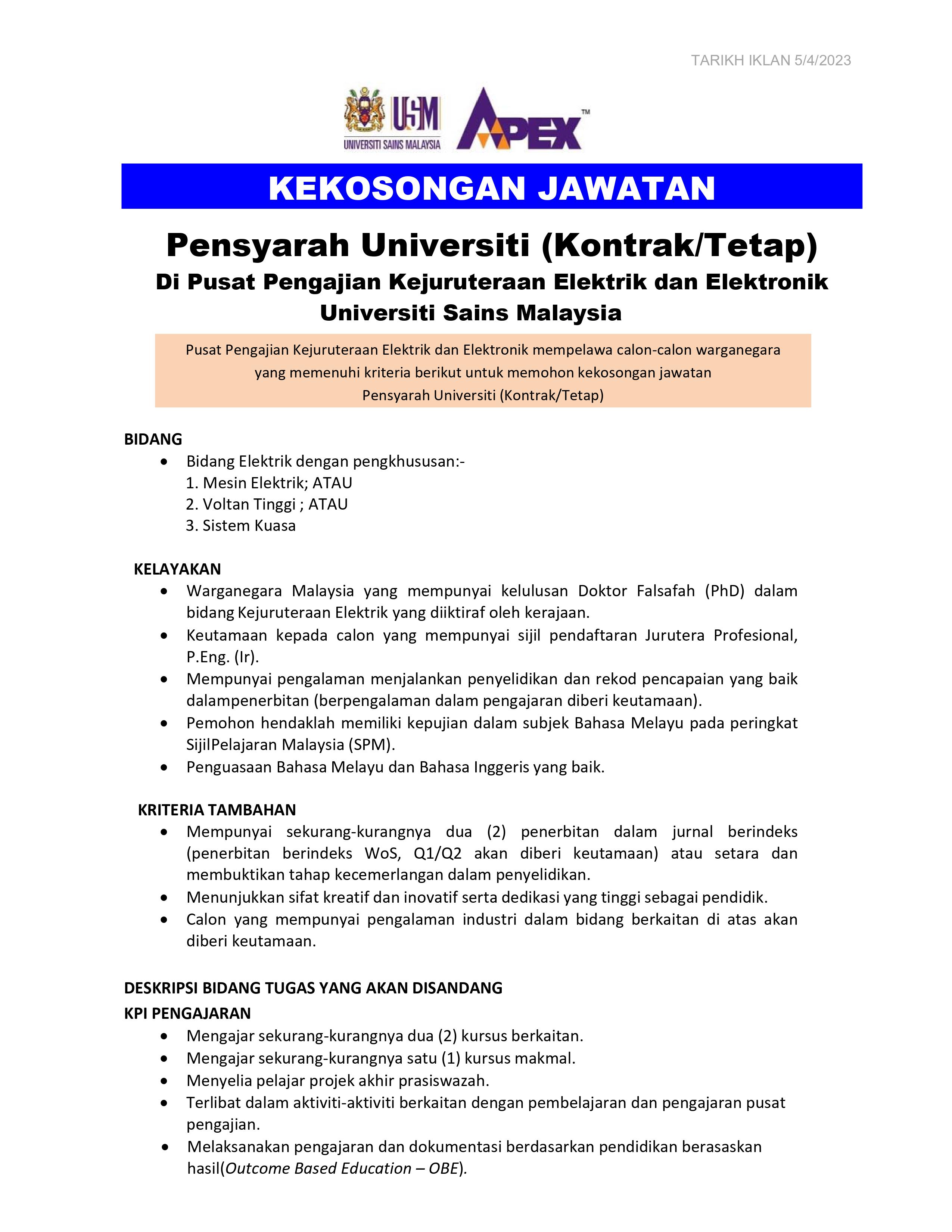 Jawatan Kosong Pensyarah Universiti Kontraktetap Pusat Pengajian Kejuruteraan Elektrik Dan 0857